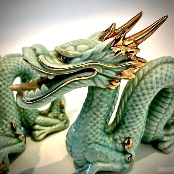 ♥️ Ceramic Dragon Figurines with Gold Accents - Picture 3 of 11